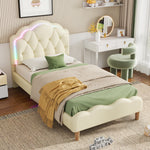 Upholstered bed, wave-shaped headboard, LED strips, wooden slats, white PU, 90x200cm