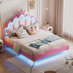 Flat Double Bed 140x200cm Crown-Shaped LED PU Leather - Pink