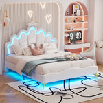 Flat Double Bed 140x200cm Crown-Shaped PU Leather Adjustable LED - White