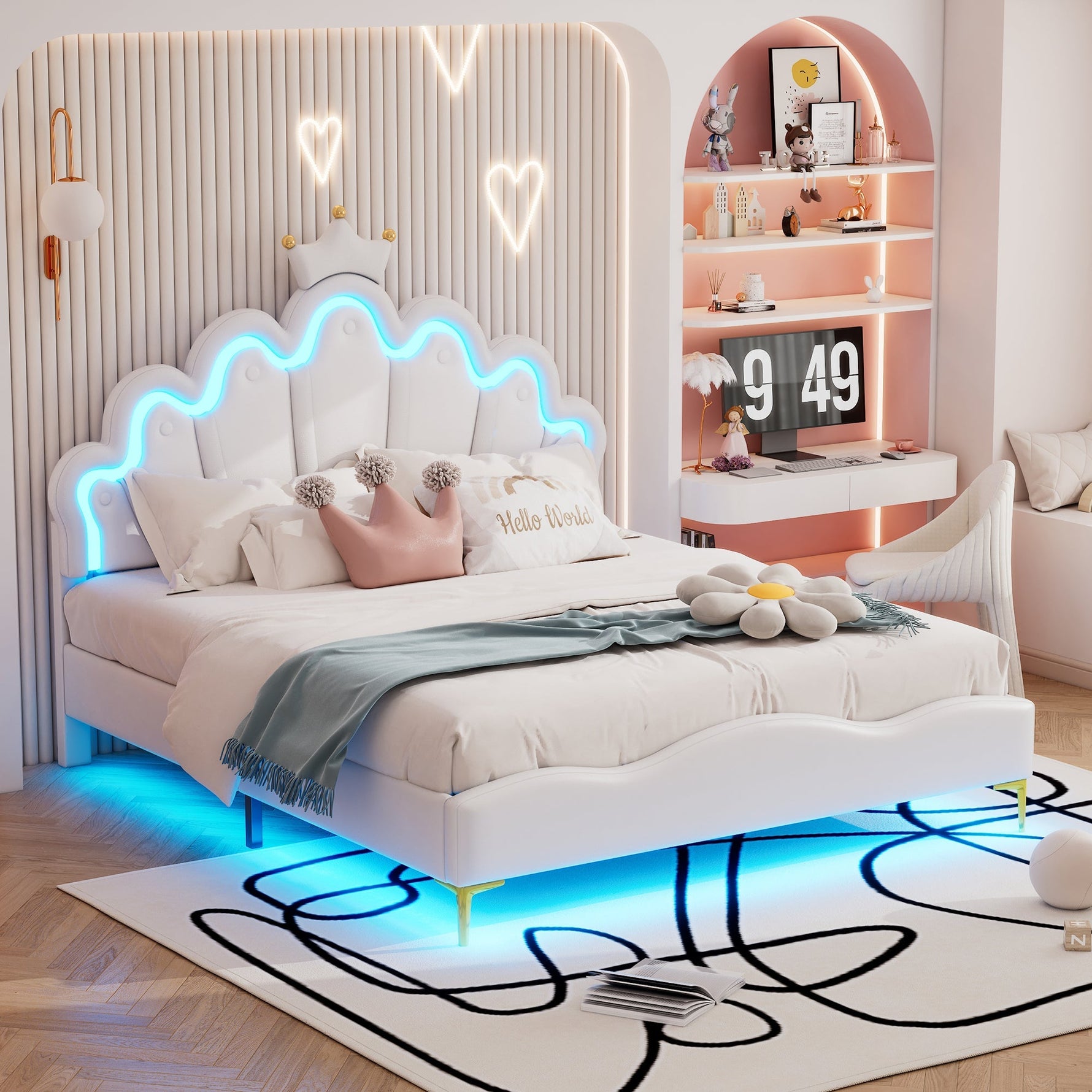 Flat Double Bed 140x200cm Crown-Shaped PU Leather Adjustable LED - White