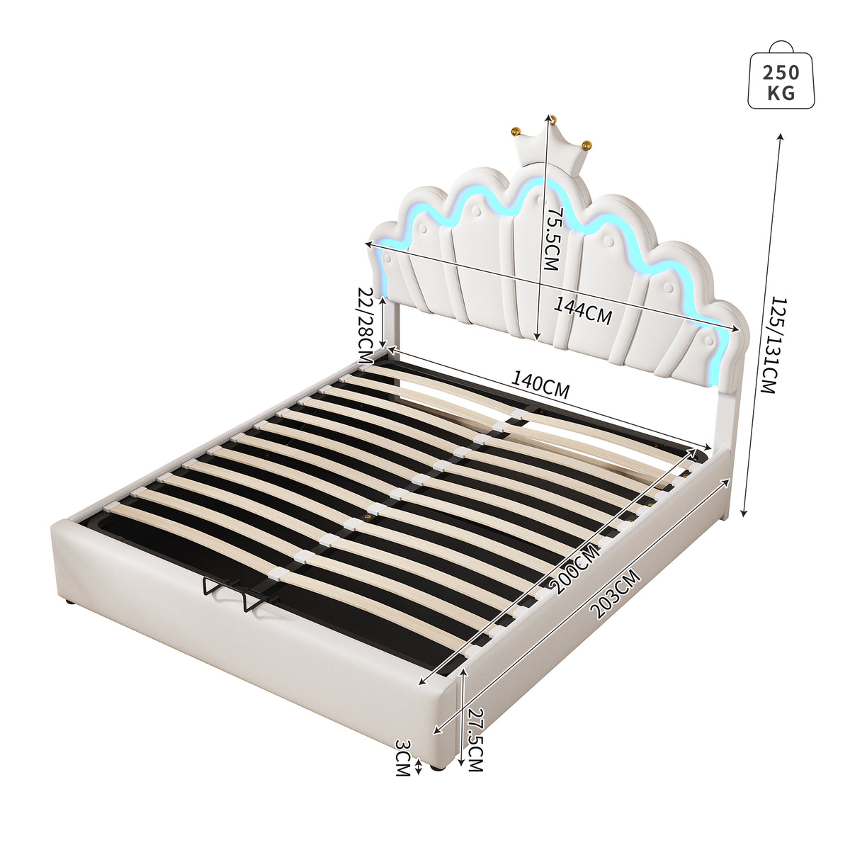 Princess Upholstered Bed 140x200cm with Ambient Light, White