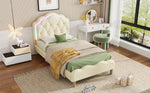 Upholstered bed, wave-shaped headboard, LED strips, wooden slats, white PU, 90x200cm
