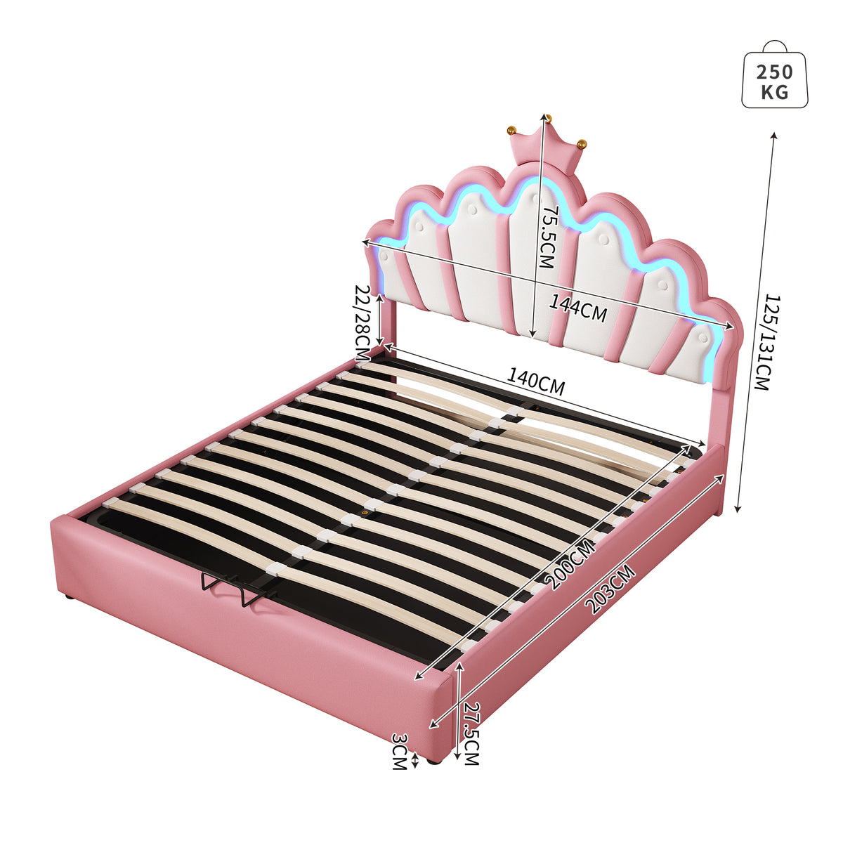Princess Upholstered Bed 140x200cm, Ambient Light & Crown Rail, Pink