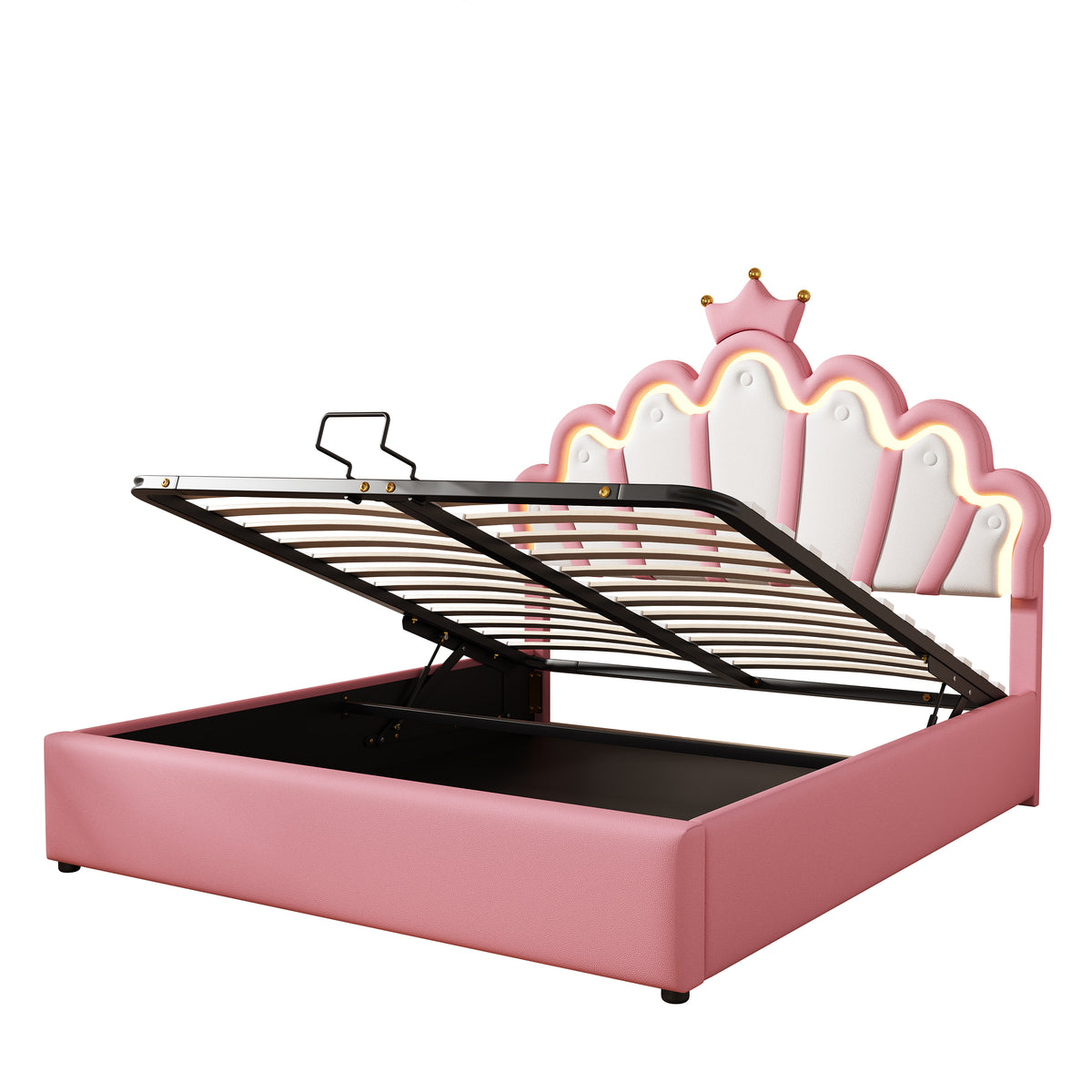 Princess Upholstered Bed 140x200cm, Ambient Light & Crown Rail, Pink
