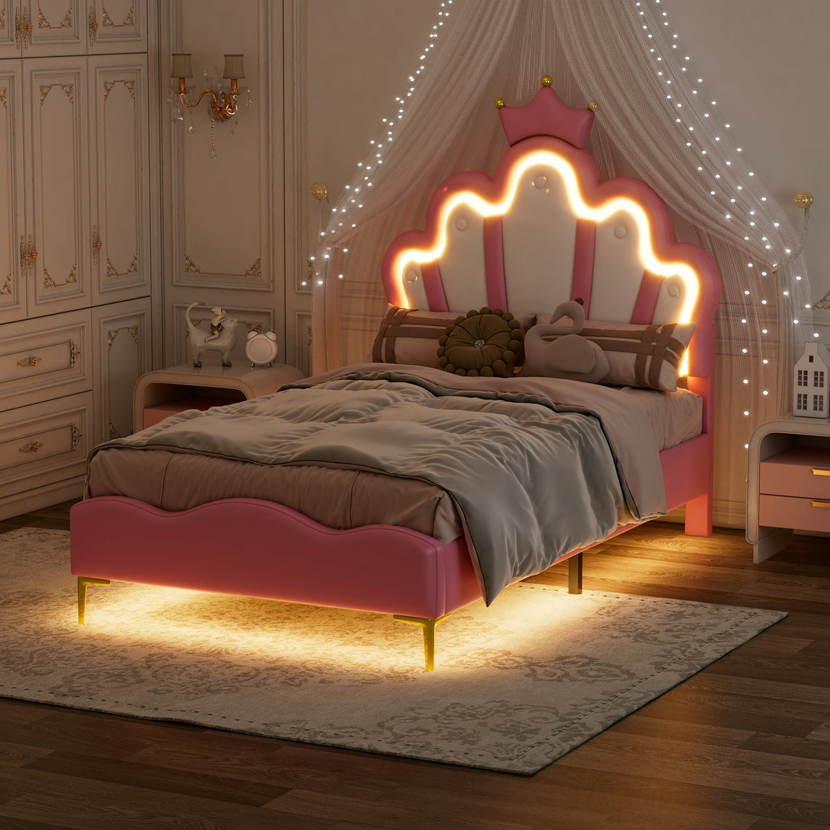 Princess Bed 90x200cm Crown Headboard Upholstered with Adjustable LED Light Pink PU Leather