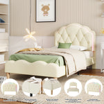 Upholstered bed, wave-shaped headboard, LED strips, wooden slats, white PU, 90x200cm
