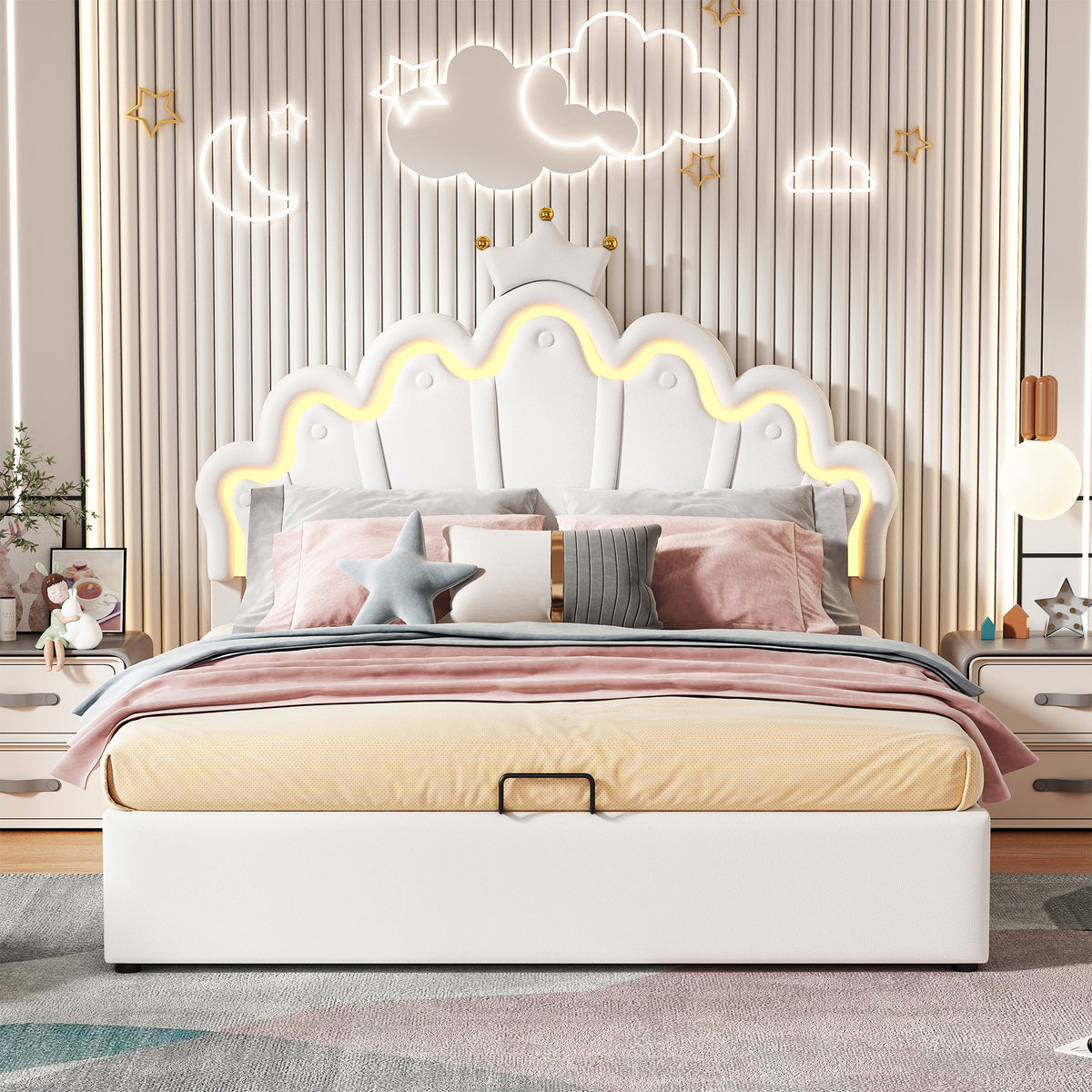Princess Upholstered Bed 140x200cm with Ambient Light, White