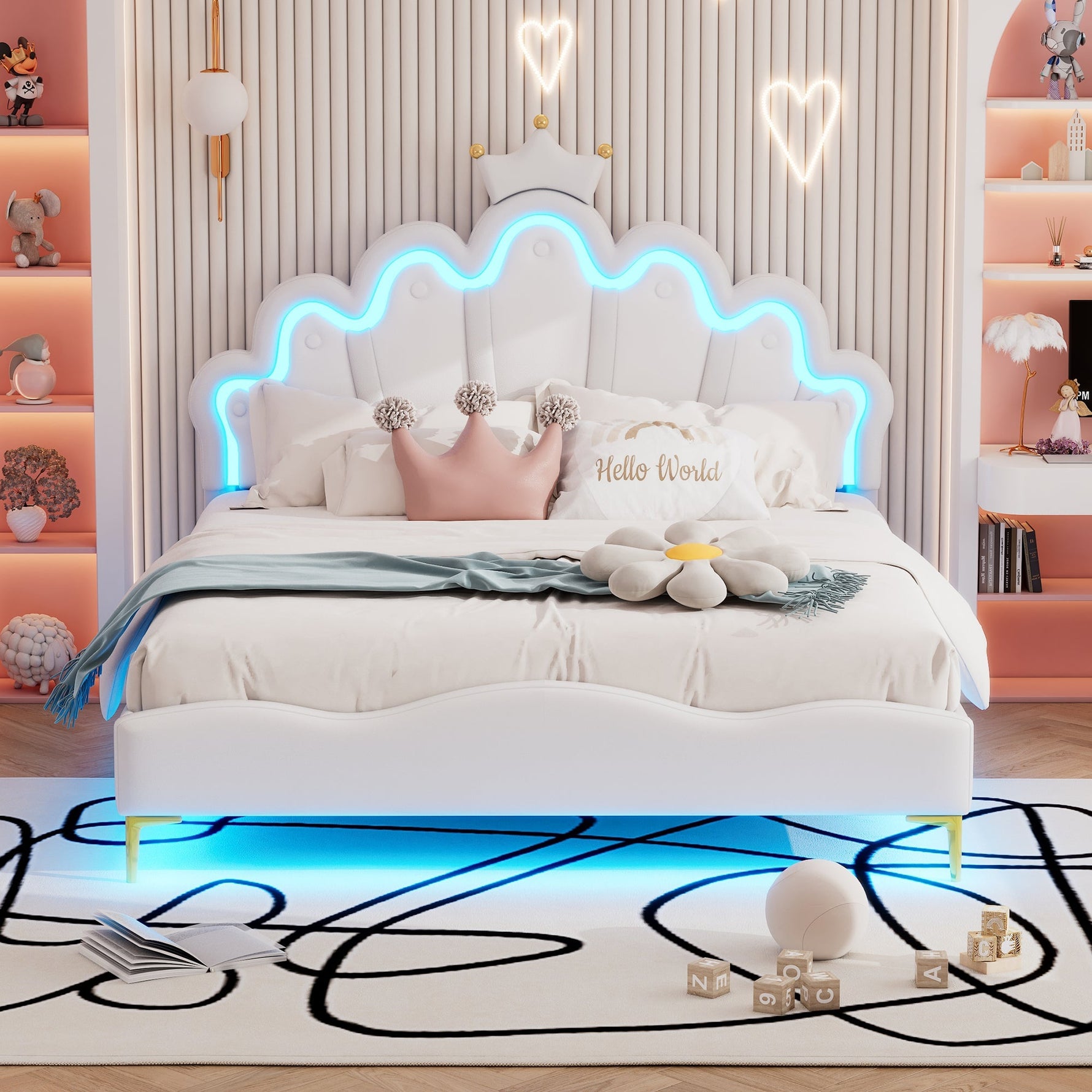 Flat Double Bed 140x200cm Crown-Shaped PU Leather Adjustable LED - White