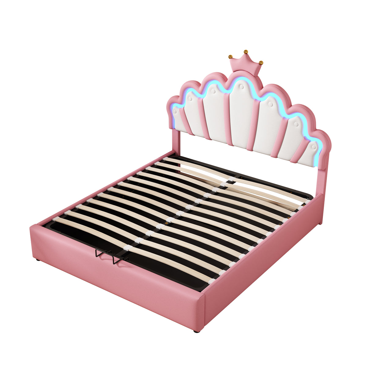 Princess Upholstered Bed 140x200cm, Ambient Light & Crown Rail, Pink