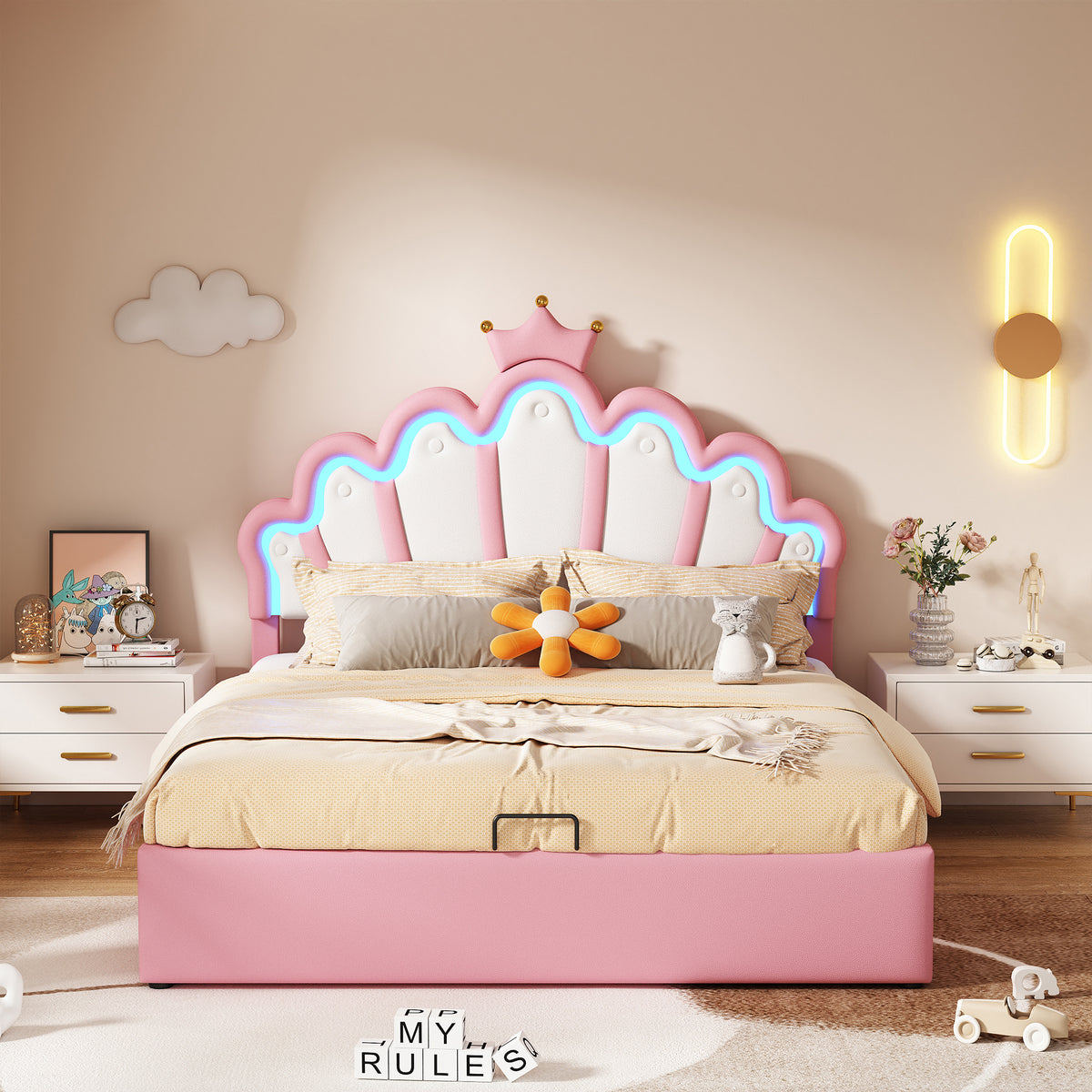 Princess Upholstered Bed 140x200cm, Ambient Light & Crown Rail, Pink