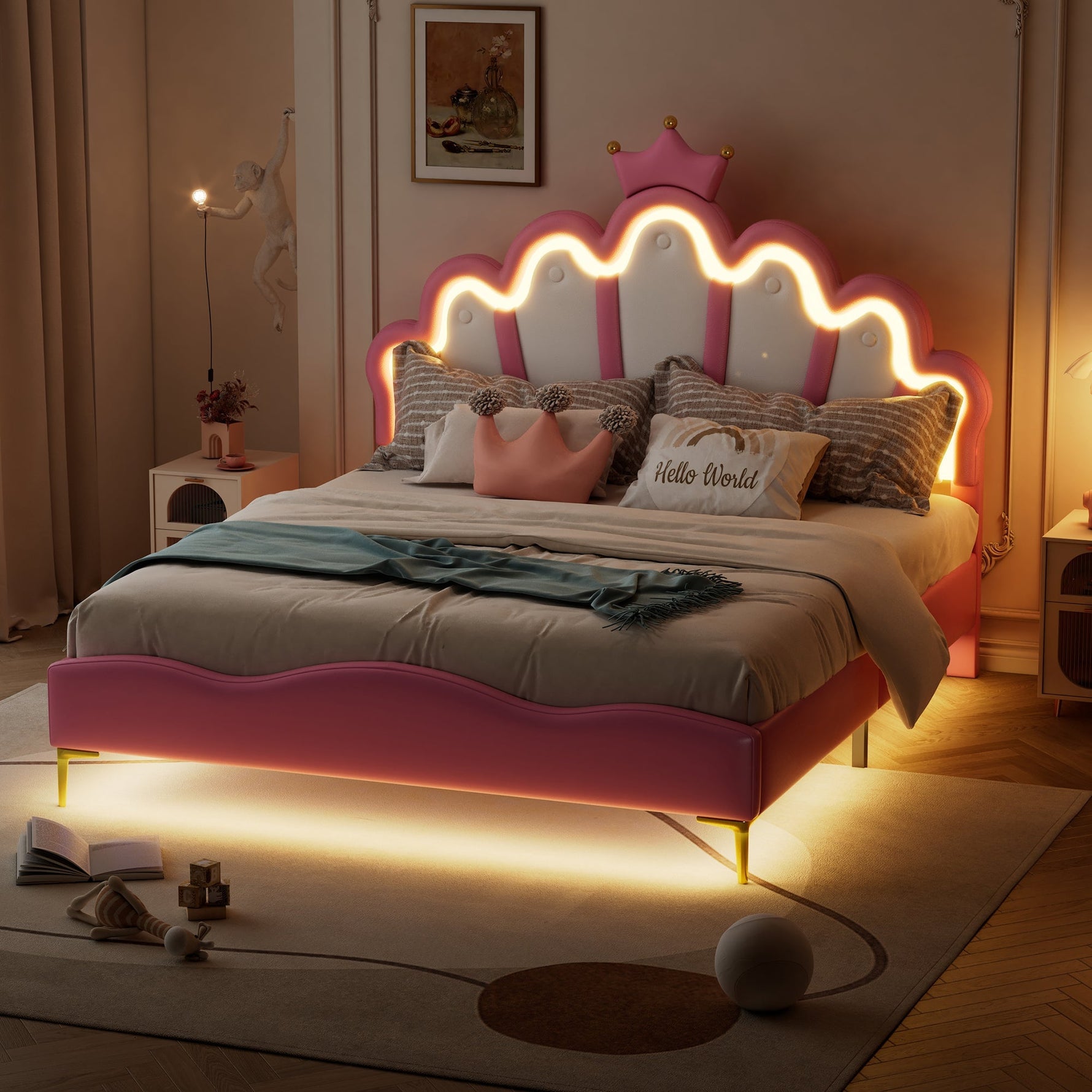 Flat Double Bed 140x200cm Crown-Shaped LED PU Leather - Pink