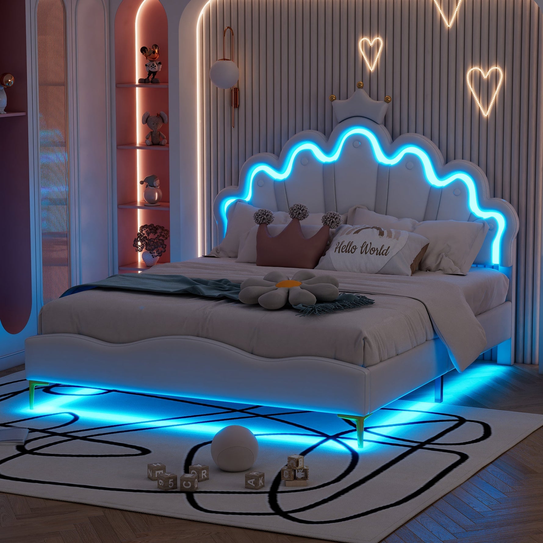Flat Double Bed 140x200cm Crown-Shaped PU Leather Adjustable LED - White