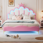 Flat Double Bed 140x200cm Crown-Shaped LED PU Leather - Pink