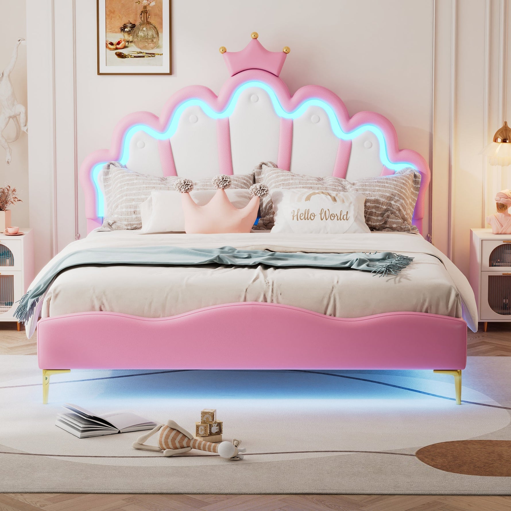 Flat Double Bed 140x200cm Crown-Shaped LED PU Leather - Pink
