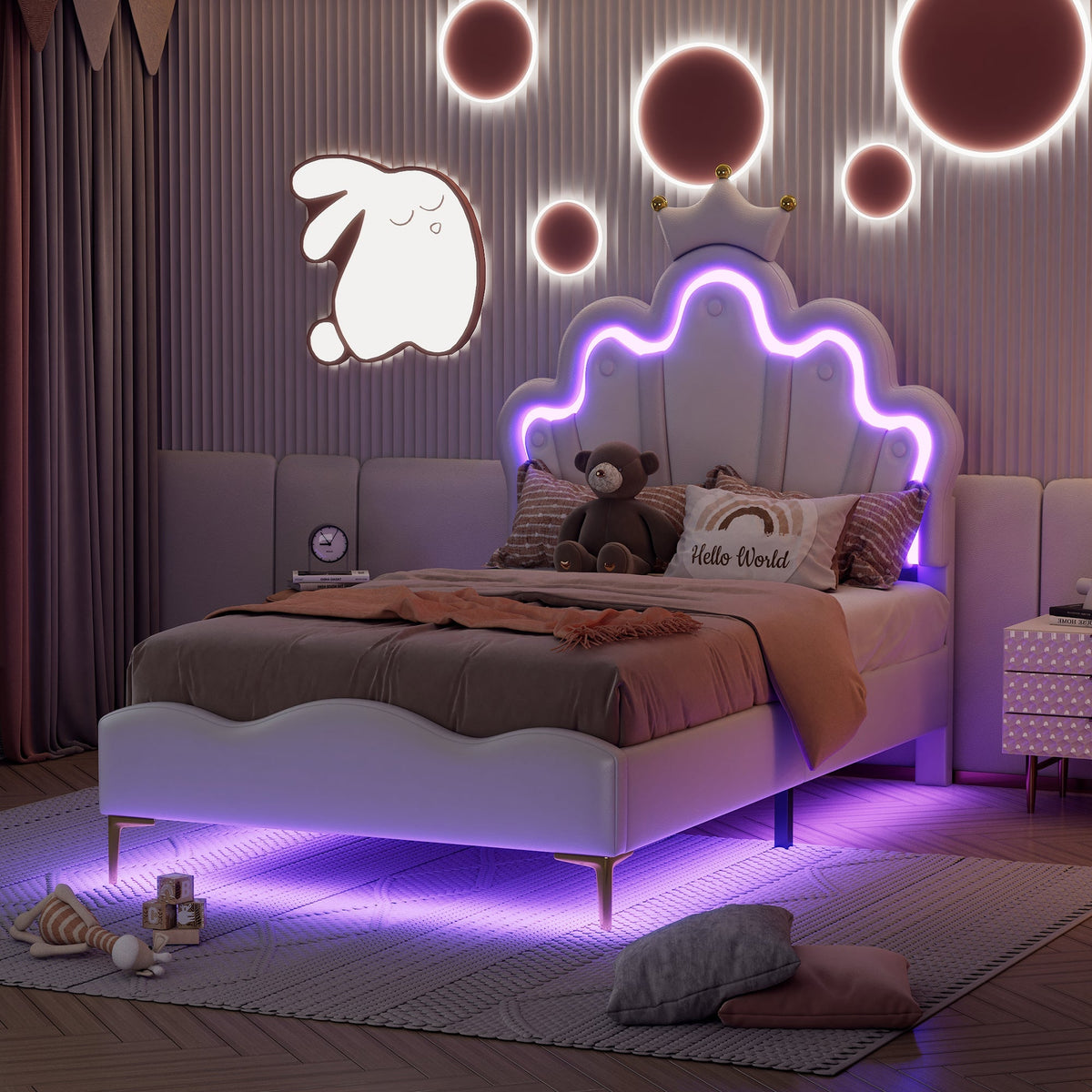 Princess Bed 90x200cm Crown Shaped PU Leather Upholstered LED - White