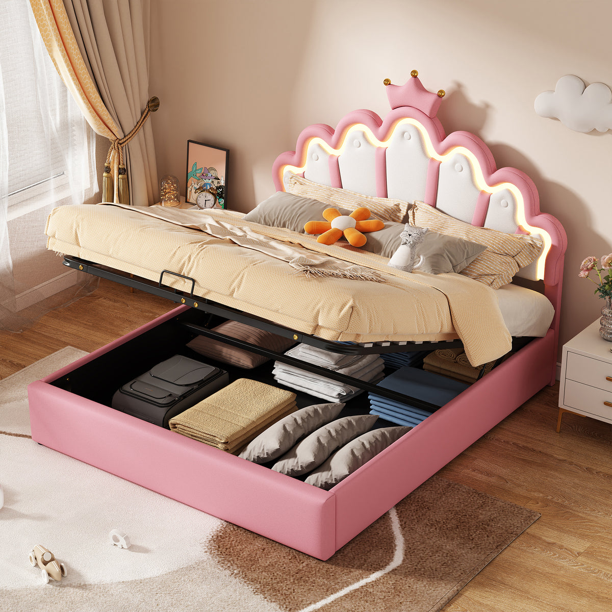 Princess Upholstered Bed 140x200cm, Ambient Light & Crown Rail, Pink