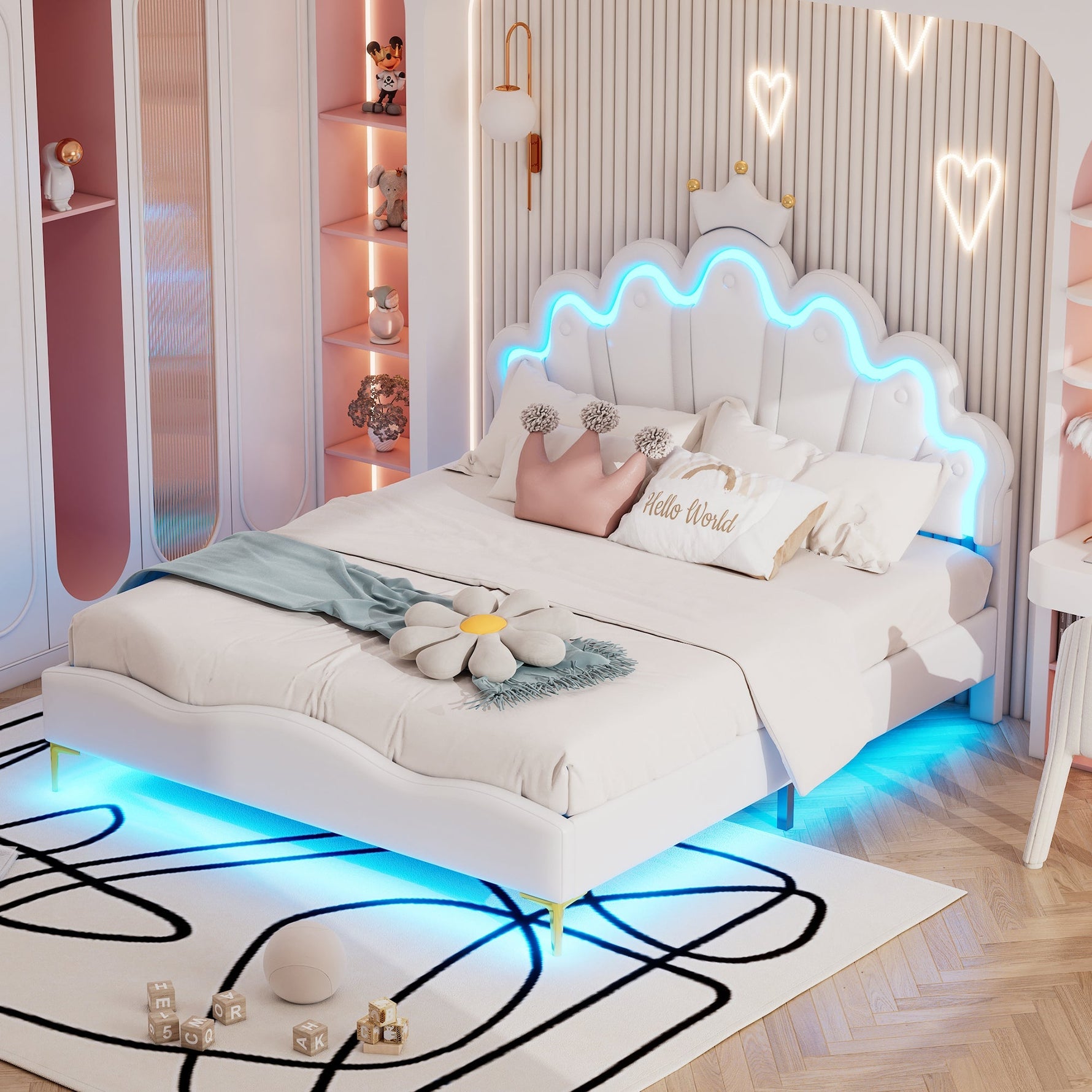 Flat Double Bed 140x200cm Crown-Shaped PU Leather Adjustable LED - White