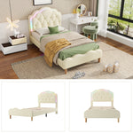 Upholstered bed, wave-shaped headboard, LED strips, wooden slats, white PU, 90x200cm