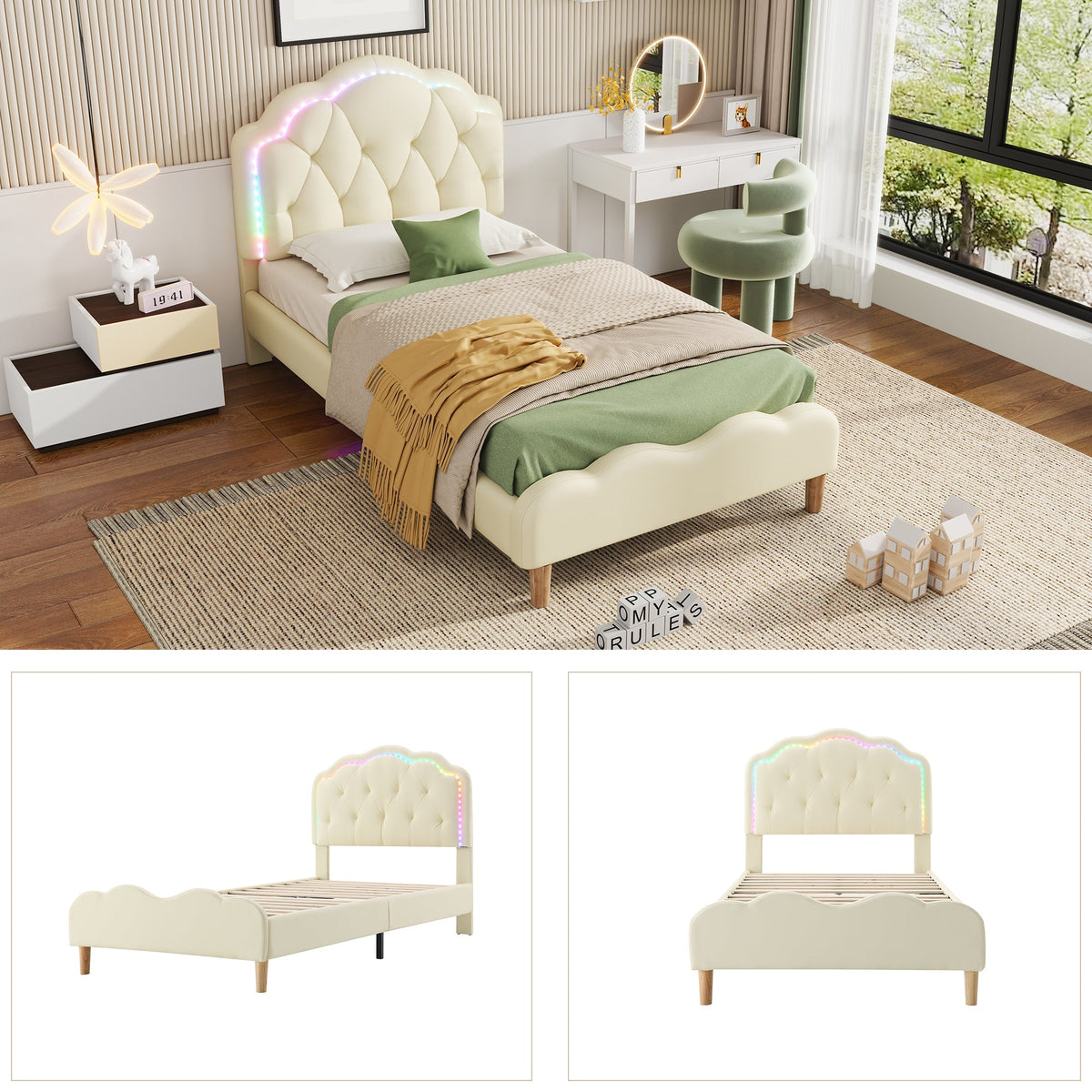 Upholstered bed, wave-shaped headboard, LED strips, wooden slats, white PU, 90x200cm