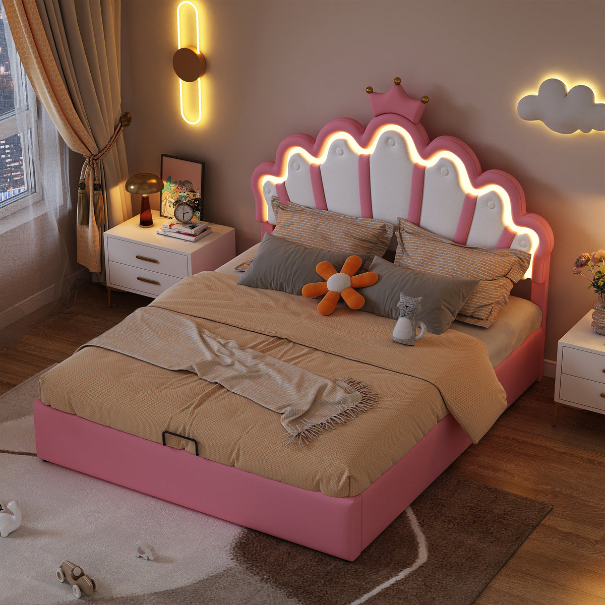 Princess Upholstered Bed 140x200cm, Ambient Light & Crown Rail, Pink