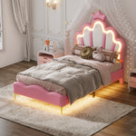 Princess Bed 90x200cm Crown Headboard Upholstered with Adjustable LED Light Pink PU Leather