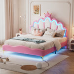 Flat Double Bed 140x200cm Crown-Shaped LED PU Leather - Pink