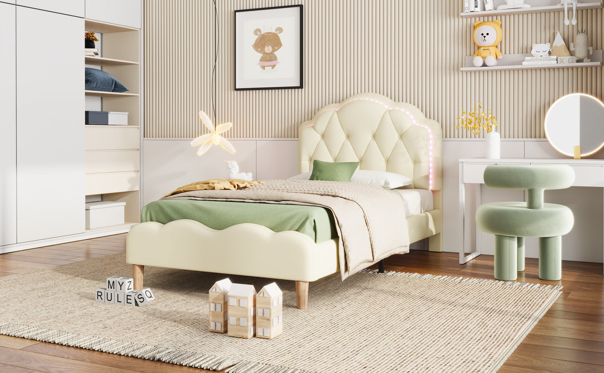 Upholstered bed, wave-shaped headboard, LED strips, wooden slats, white PU, 90x200cm