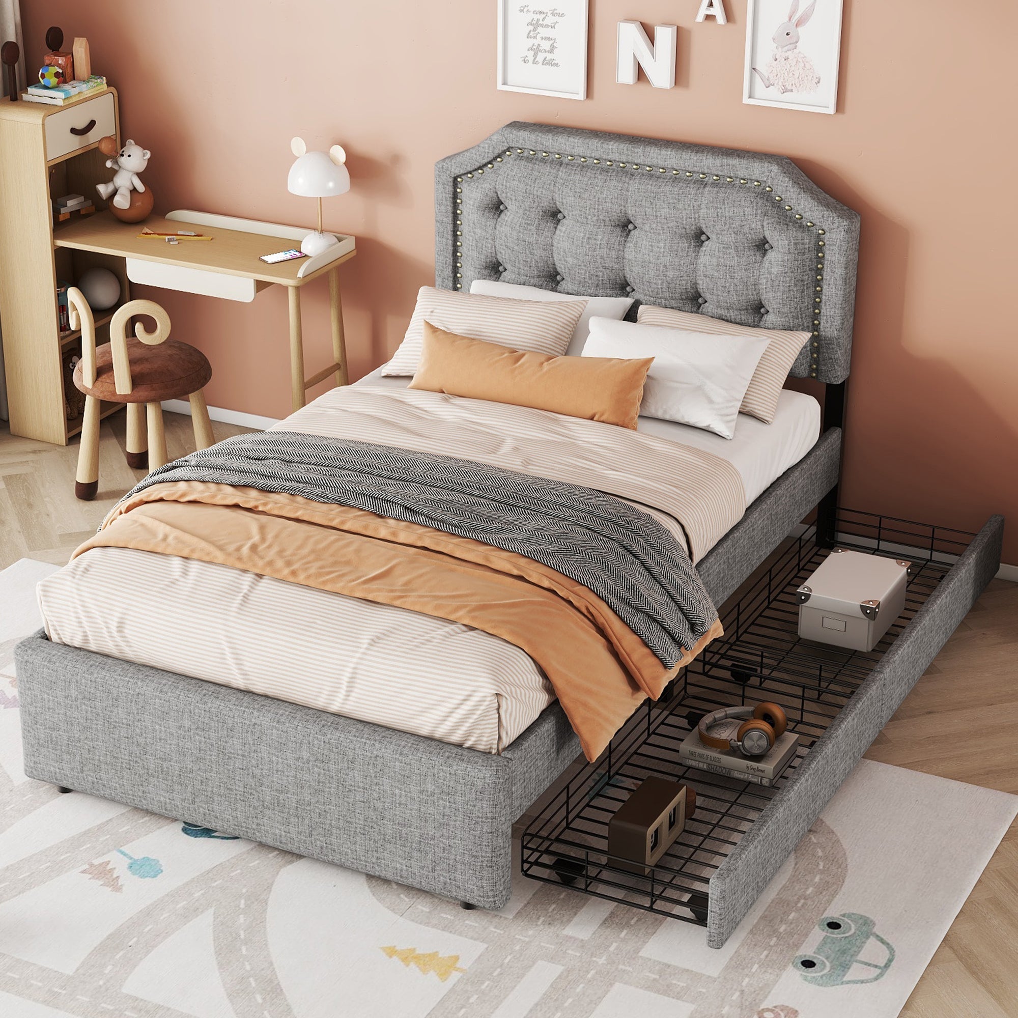Flat Bed 90x200cm, Upholstered with Decorative Studs, Double Drawers, Grey