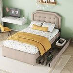 Upholstered Bed 90x200cm Flat Double Drawers Decorative Studs Dark Beige