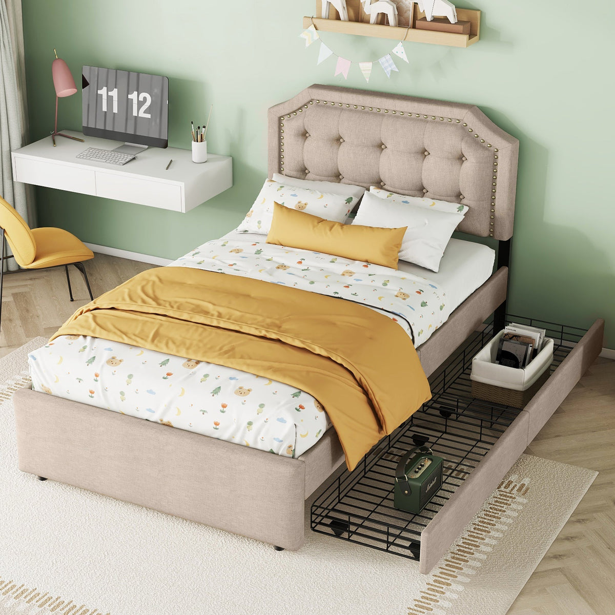 Upholstered Bed 90x200cm Flat Double Drawers Decorative Studs Dark Beige