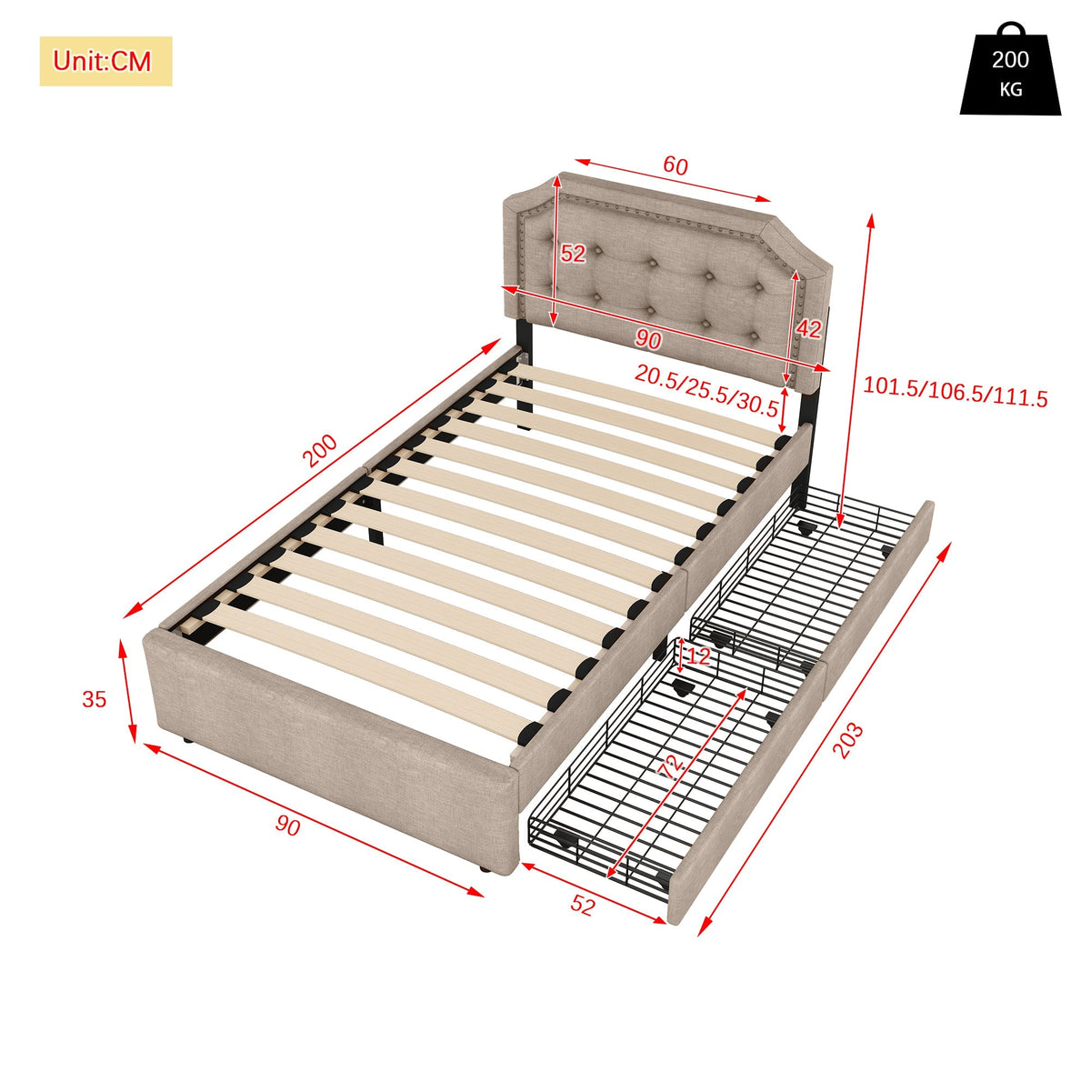 Upholstered Bed 90x200cm Flat Double Drawers Decorative Studs Dark Beige
