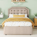 Upholstered Bed 90x200cm Flat Double Drawers Decorative Studs Dark Beige