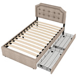 Upholstered Bed 90x200cm Flat Double Drawers Decorative Studs Dark Beige