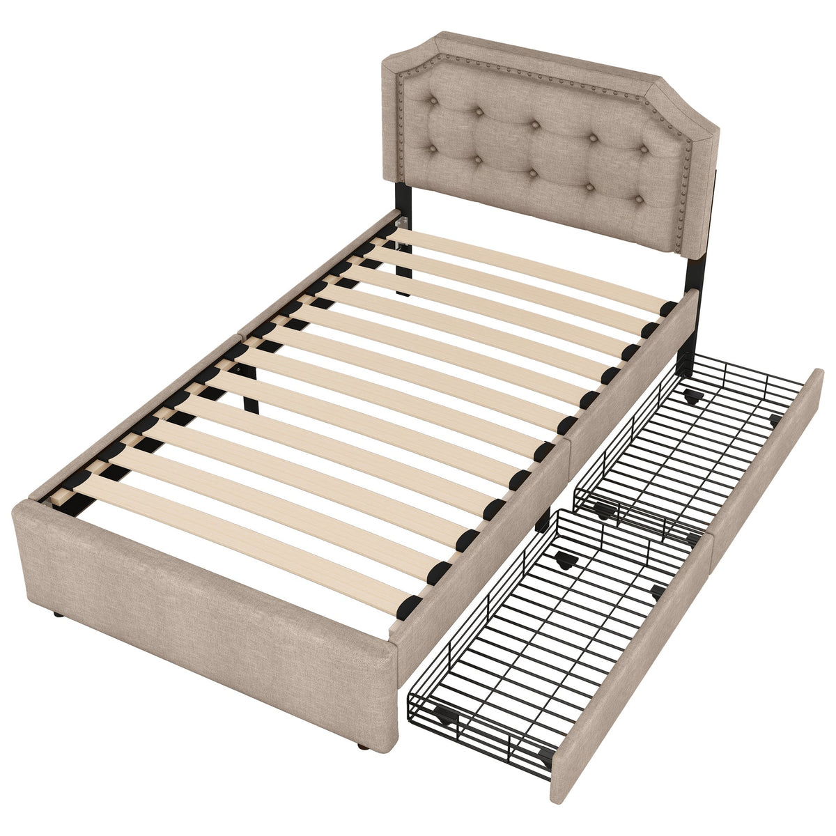 Upholstered Bed 90x200cm Flat Double Drawers Decorative Studs Dark Beige