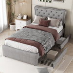 Upholstered Flat Bed 90x200cm Decorative Studs Double Drawers - Grey