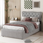 Upholstered Flat Bed 90x200cm Decorative Studs Double Drawers - Grey