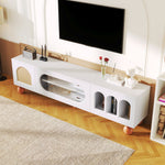 TV Cabinet, Rattan-like Sliding Glass Door, Gold Handles, Wood