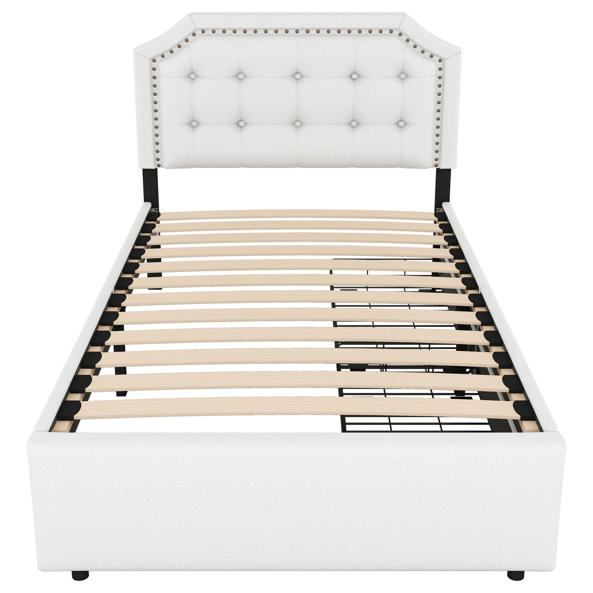 Upholstered Flat Bed 90x200cm Decorative Studs Double Drawers Light Beige