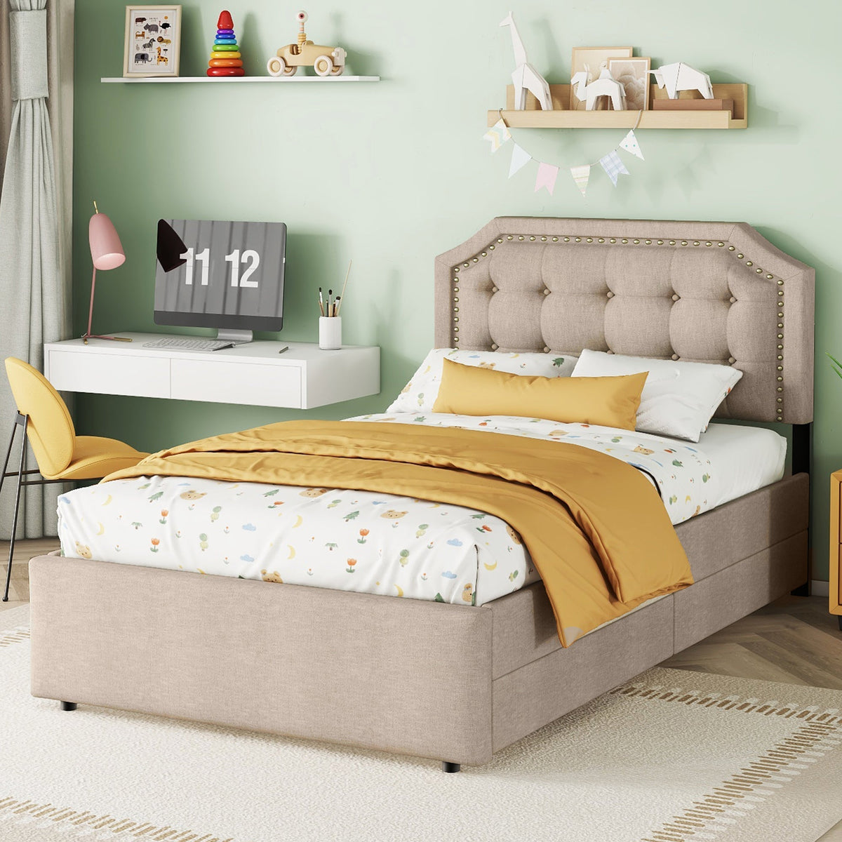 Upholstered Bed 90x200cm Flat Double Drawers Decorative Studs Dark Beige