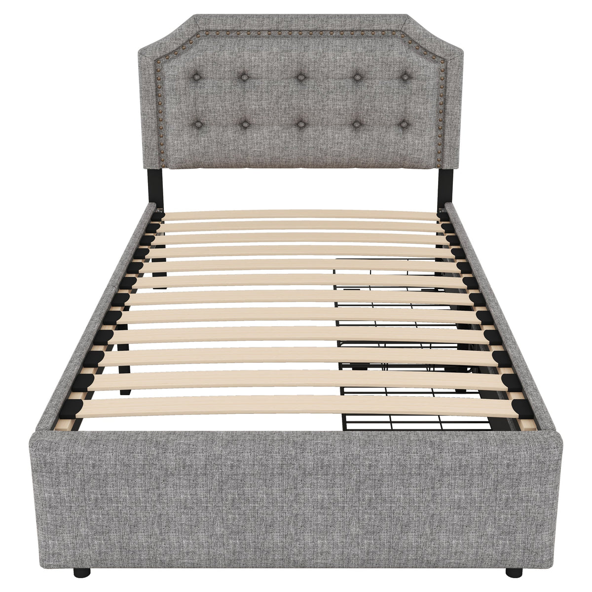 Flat Bed 90x200cm, Upholstered with Decorative Studs, Double Drawers, Grey