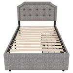 Upholstered Flat Bed 90x200cm Decorative Studs Double Drawers - Grey