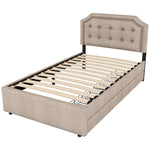 Upholstered Bed 90x200cm Flat Double Drawers Decorative Studs Dark Beige
