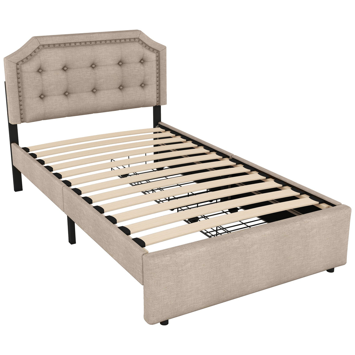 Upholstered Bed 90x200cm Flat Double Drawers Decorative Studs Dark Beige