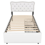 Upholstered Bed 90x200cm Decorative Studs Double Drawers - Light Beige
