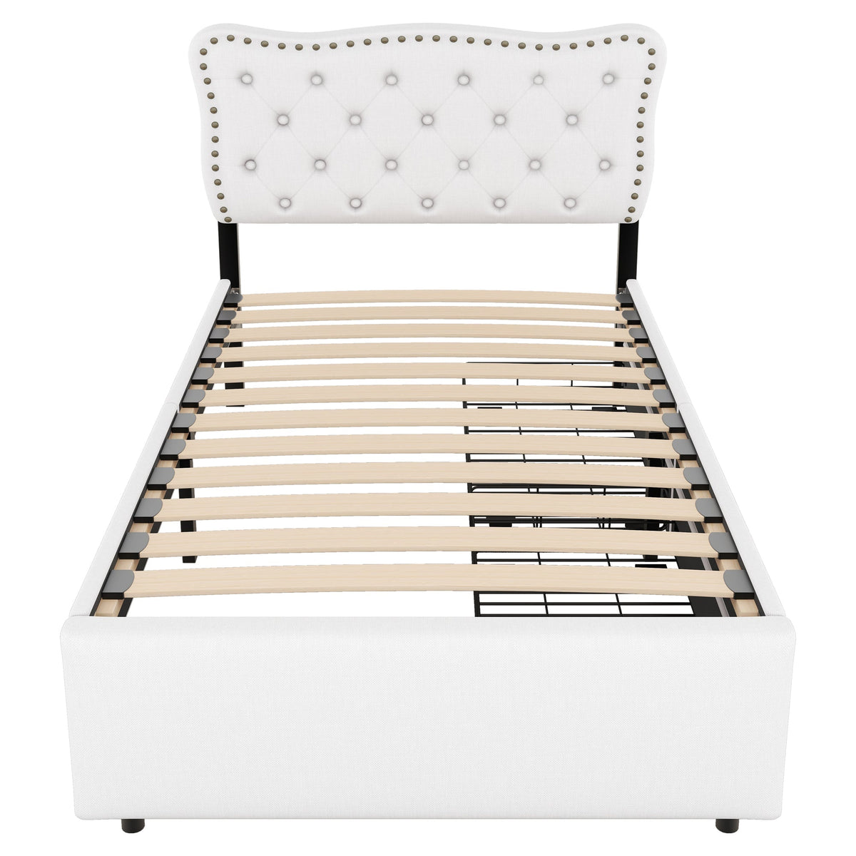 Upholstered Bed 90x200cm Decorative Studs Double Drawers - Light Beige
