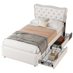 Upholstered Bed 90x200cm Decorative Studs Double Drawers - Light Beige