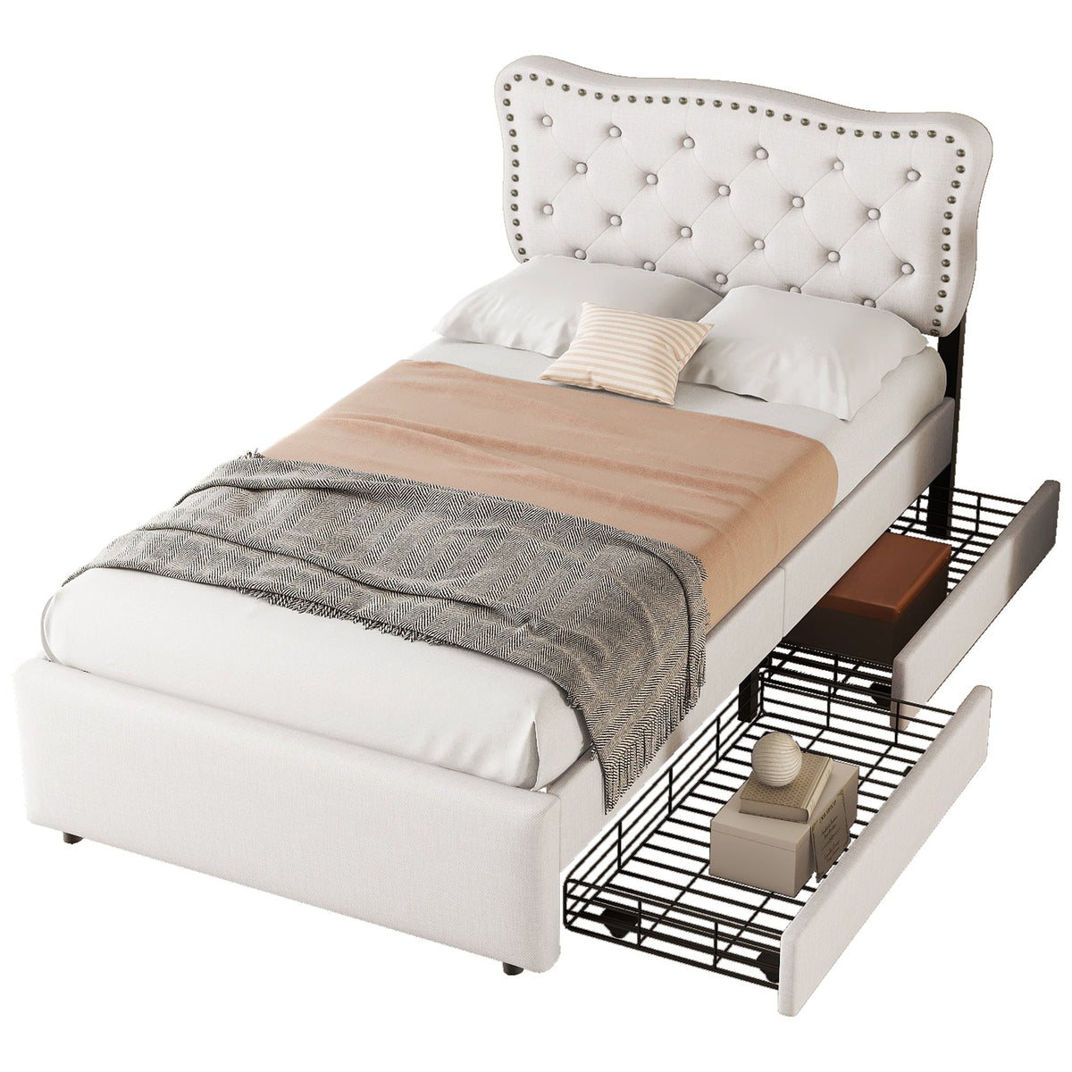 Upholstered Bed 90x200cm Decorative Studs Double Drawers - Light Beige