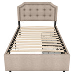 Upholstered Bed 90x200cm Flat Double Drawers Decorative Studs Dark Beige