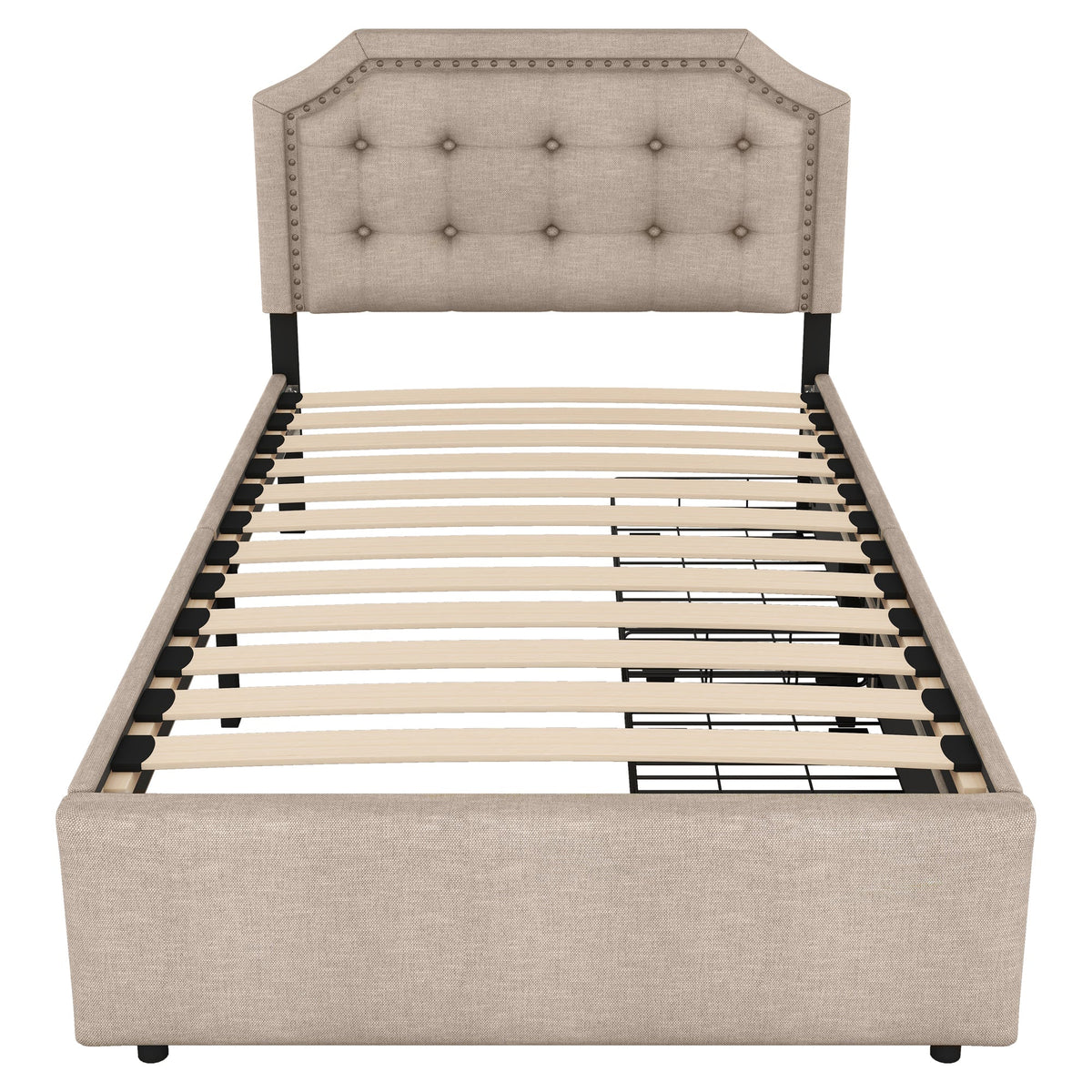 Upholstered Bed 90x200cm Flat Double Drawers Decorative Studs Dark Beige