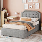 Upholstered Flat Bed 90x200cm Decorative Studs Double Drawers - Grey